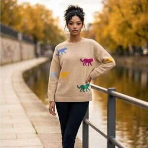 JODIFL Soft Beige Knit Long Sleeve Sweater with Multiple Colorful Jungle Cats